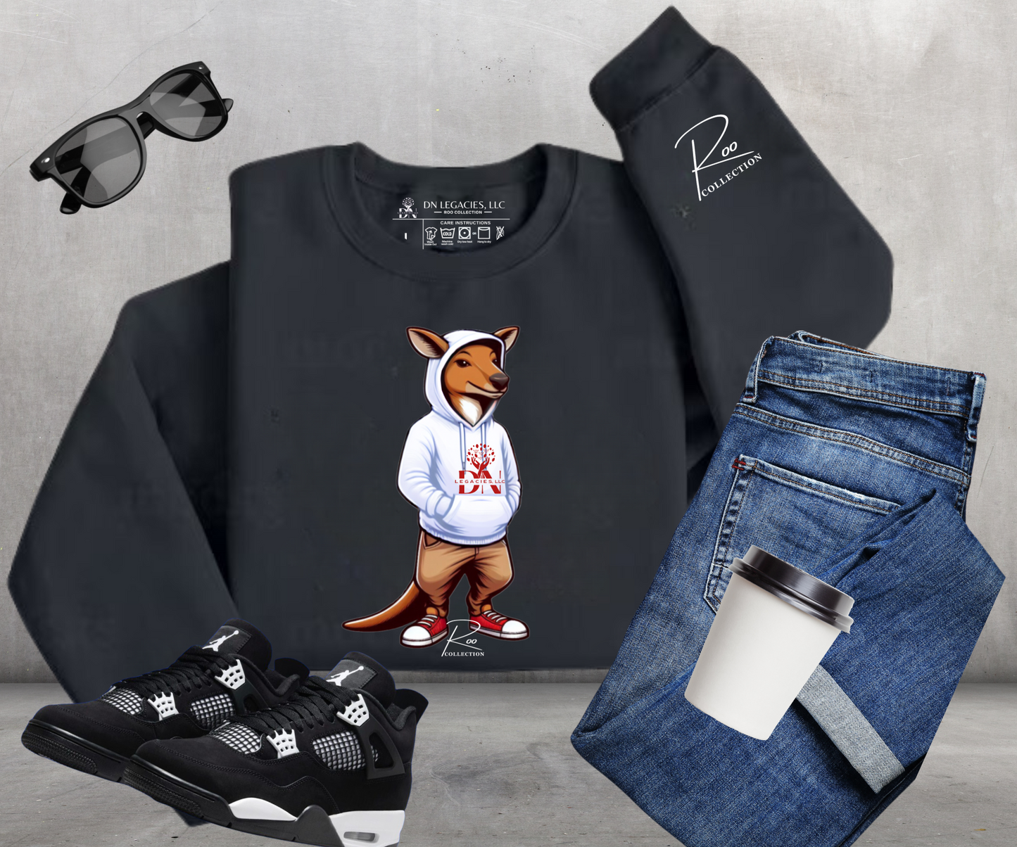 Unisex Black Crewneck White & Red- Roo Collection