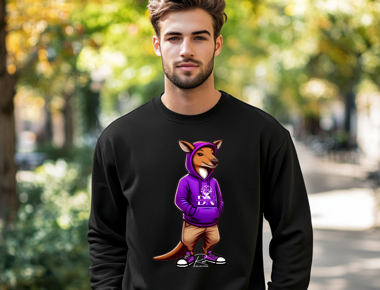 Unisex Black Crewneck Purple- Roo Collection