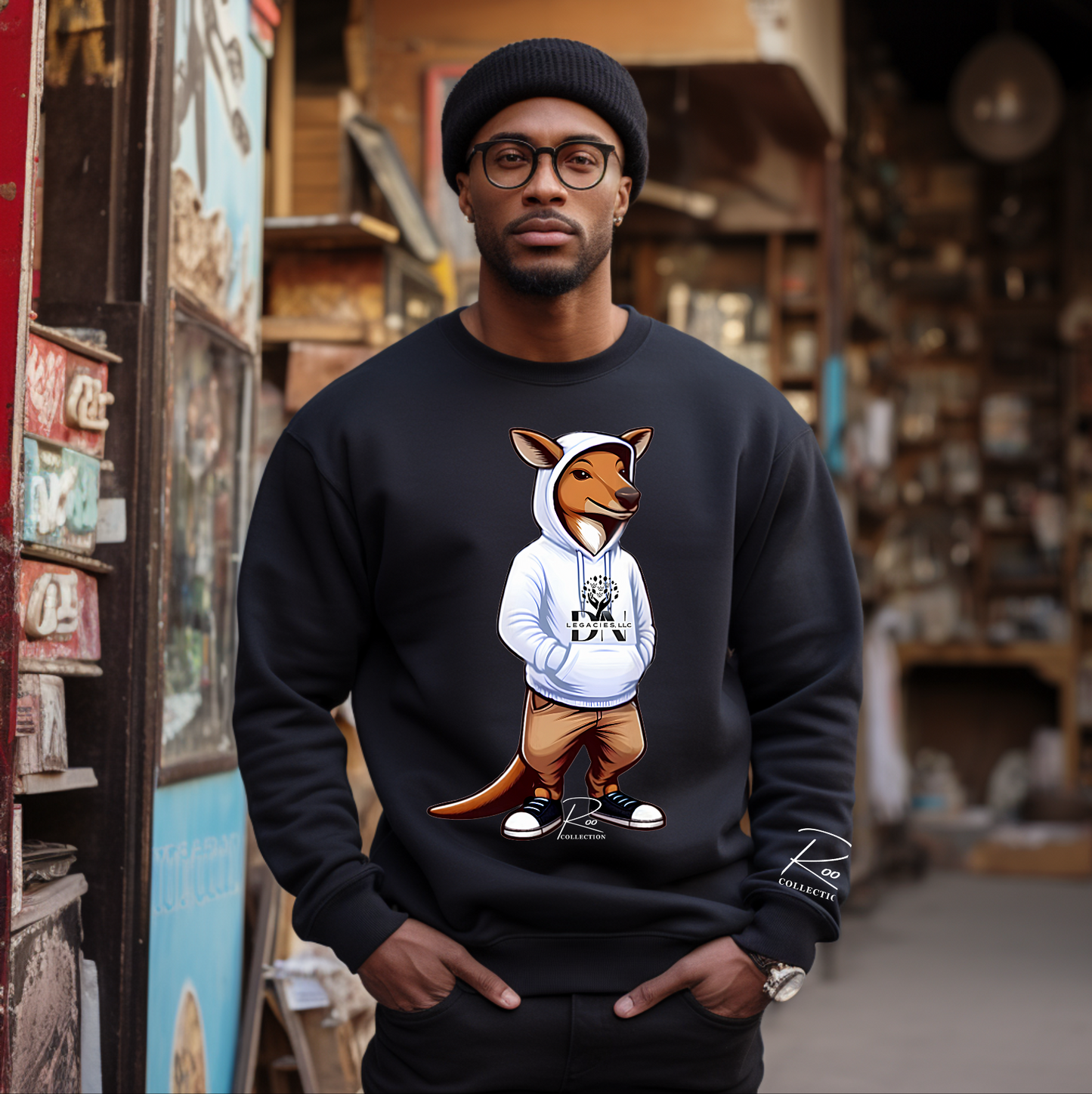 Unisex Black Crewneck White & Black- Roo Collection
