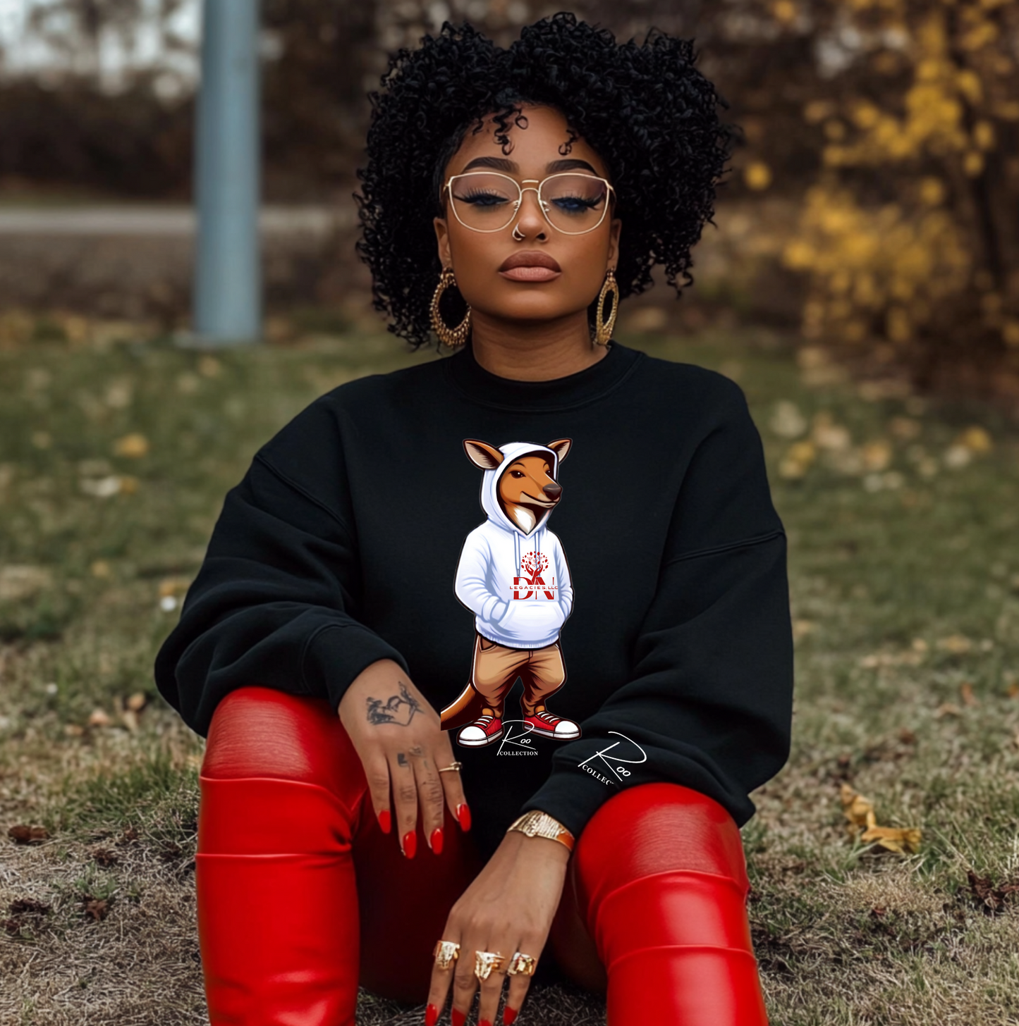 Unisex Black Crewneck White & Red- Roo Collection